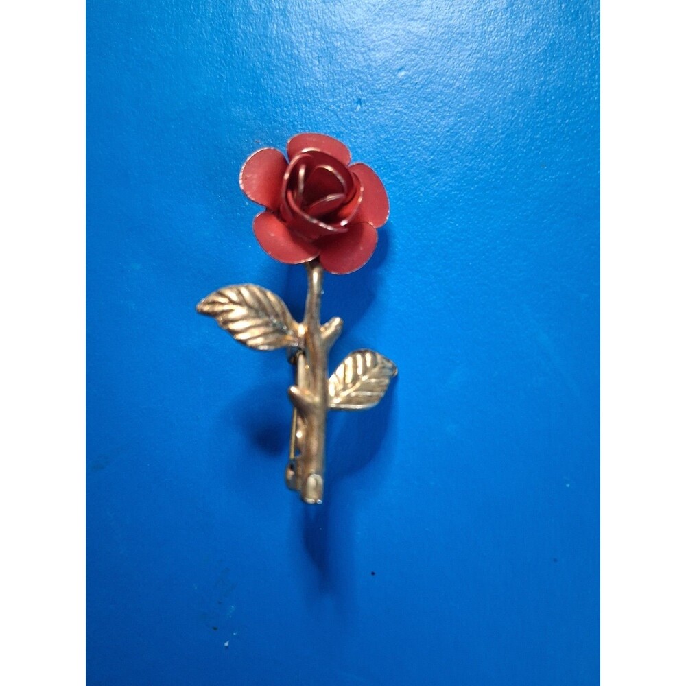 Vintage Red Metal Rose Brass Stem Brooch Pin 1.5”